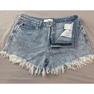 KanCan High Waisted Textured Grid Denim Shorts Light Wash Frayed Raw Hem Size 26